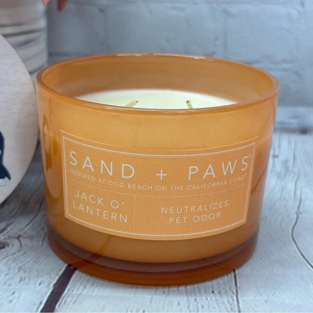 NWT sand + paws jack o'lantern candle with frenchies french bulldog coastume